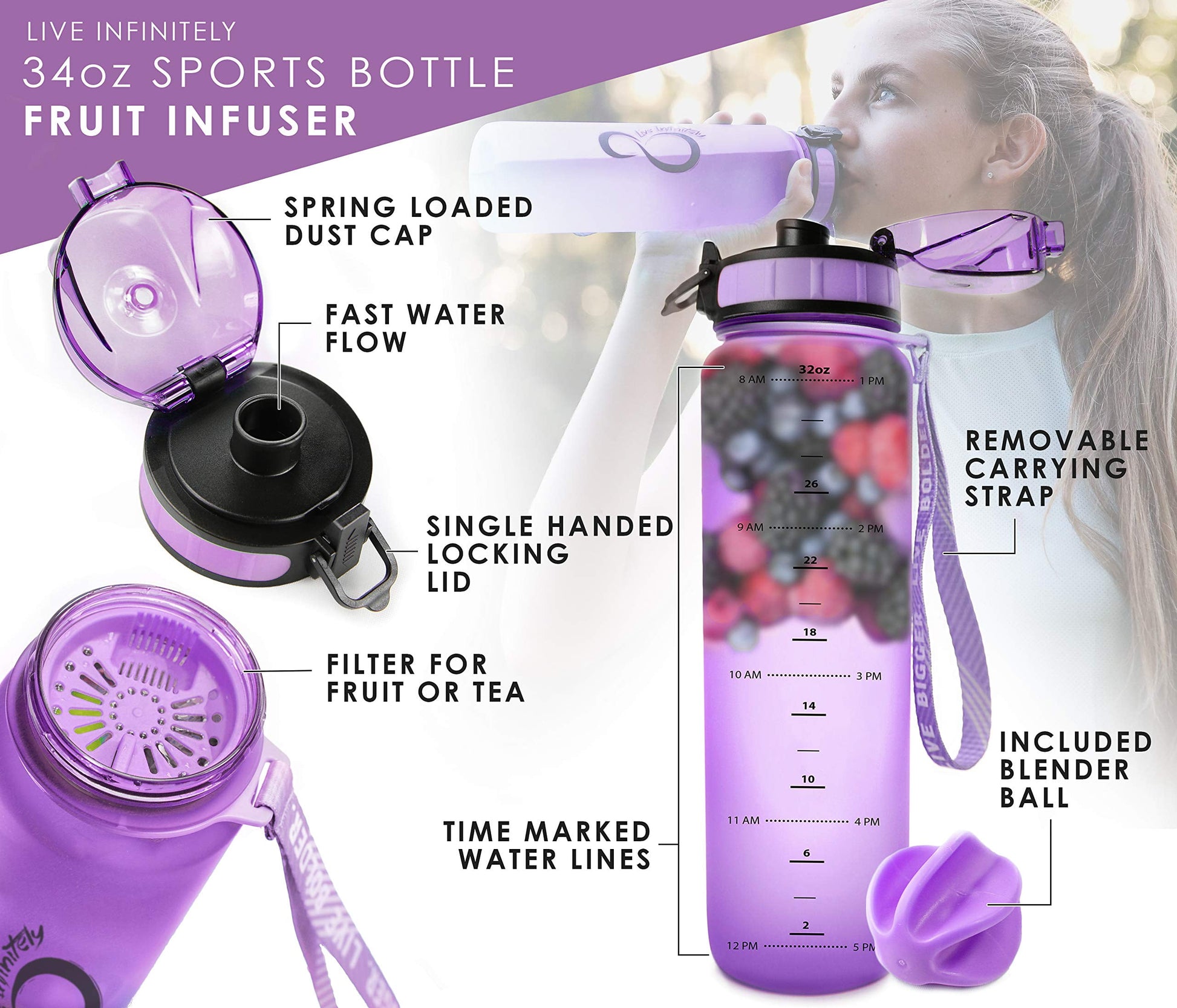 Gym Water Bottle with Time Marker Fruit Infuser and Shaker 34 Oz Purple
