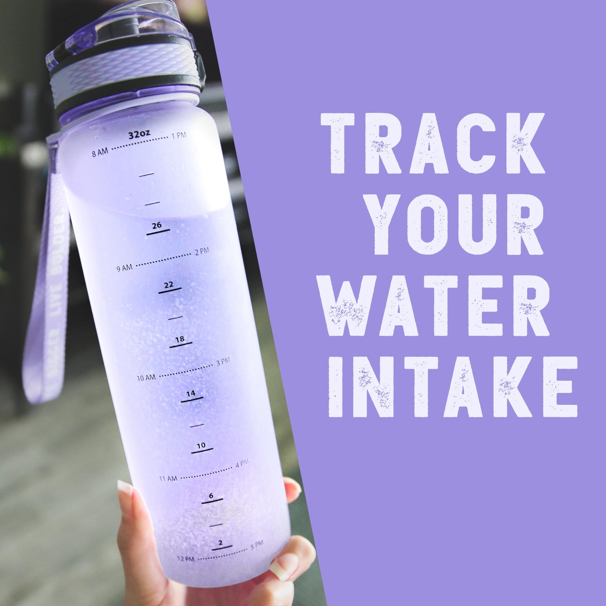 Gym Water Bottle with Time Marker Fruit Infuser and Shaker 34 Oz Purple