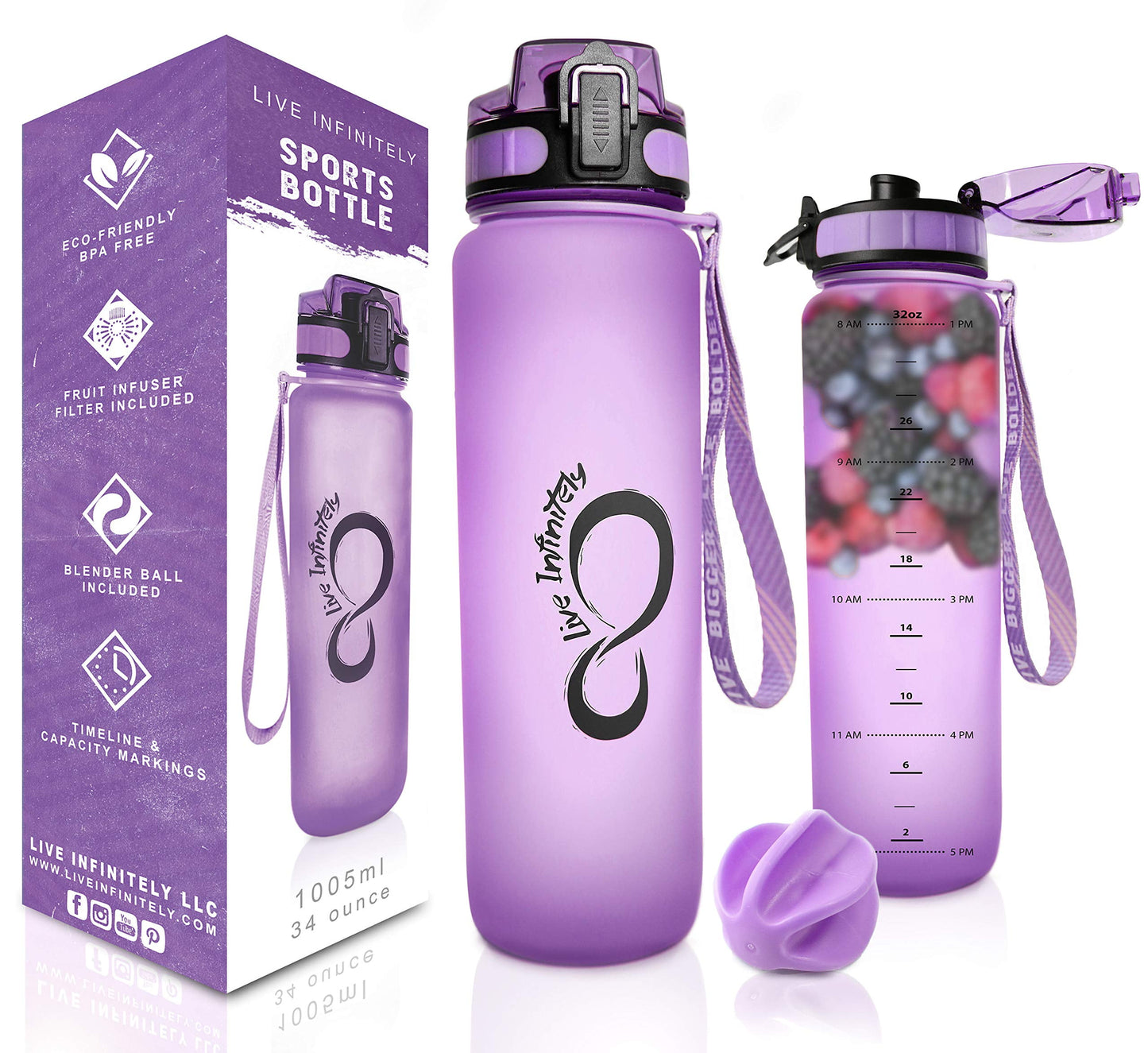 Gym Water Bottle with Time Marker Fruit Infuser and Shaker 34 Oz Purple