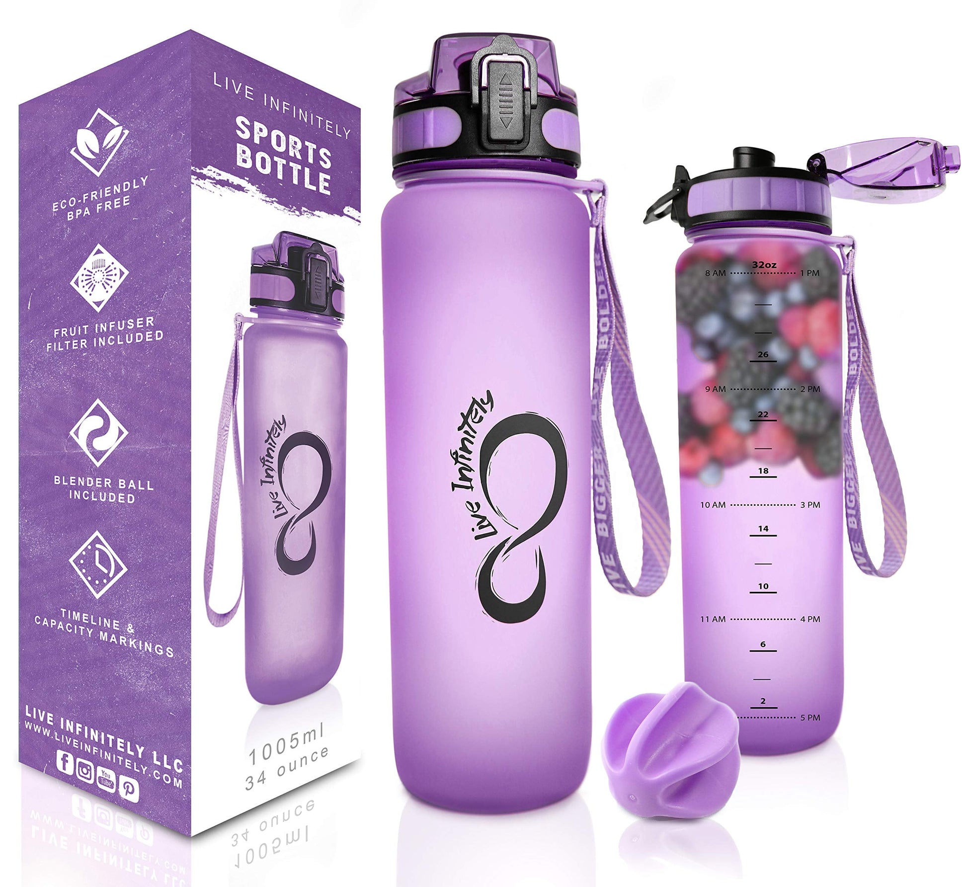 Gym Water Bottle with Time Marker Fruit Infuser and Shaker 34 Oz Purple