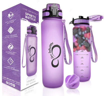 Gym Water Bottle with Time Marker Fruit Infuser and Shaker 34 Oz Purple