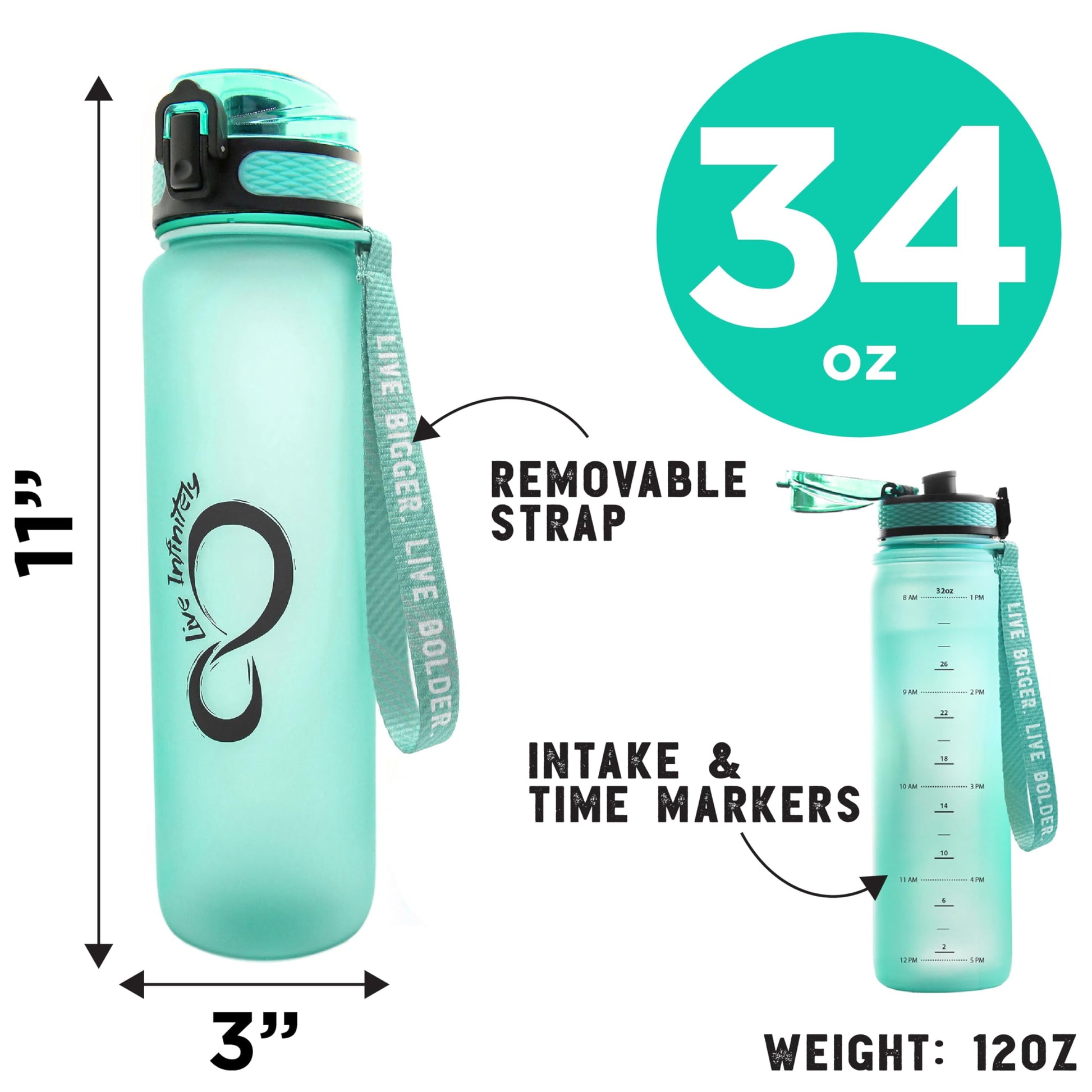 Gym Water Bottle with Time Marker Fruit Infuser and Shaker 34 Oz Purple